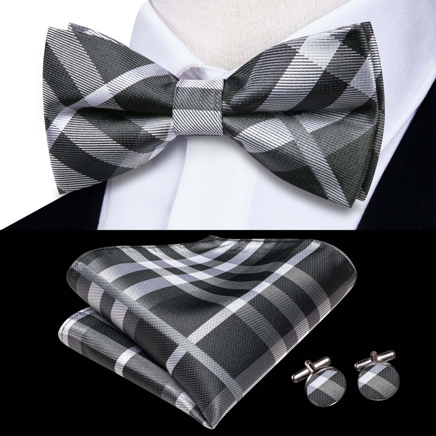 Hi-Tie Grey Plaid Jacquard Sil - Bow Tie Pre Tied บทวิจารณ์และราคา